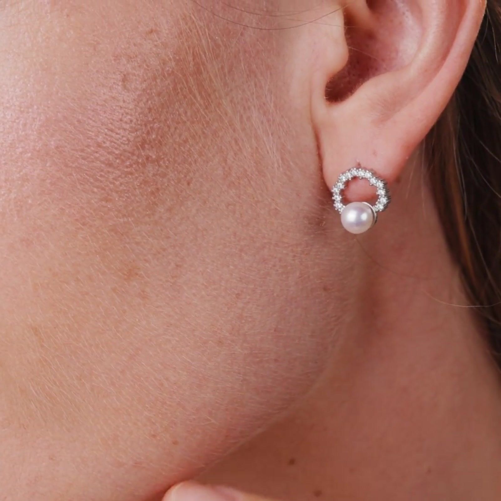5.5-6mm White Freshwater Pearl Pavé Circle Stud Earrings product video